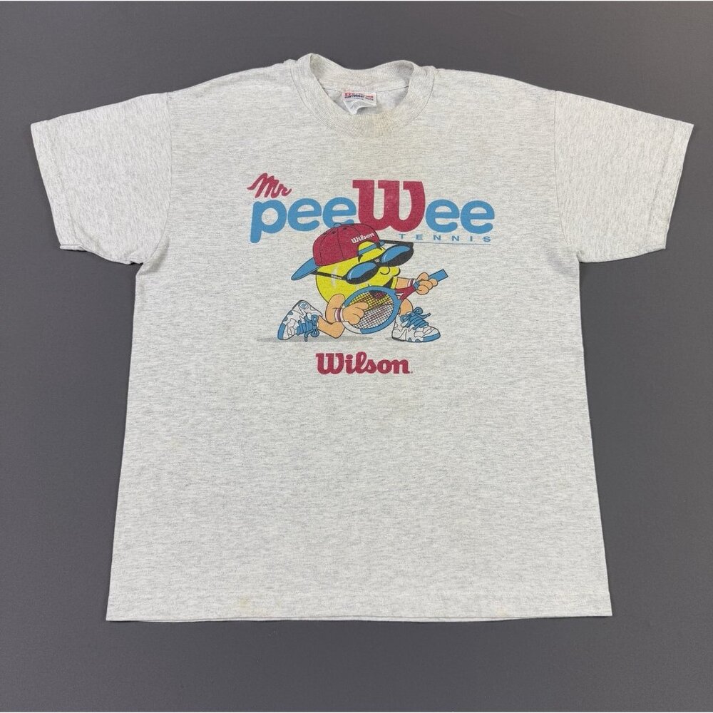 Rare Vintage 90s Wilson Tennis Mr. Pee Wee Grey Shirt Sports Hanes Youth Large T
